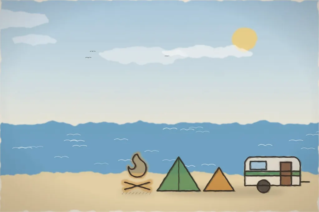 Camping Valul Verde DEMO, cu corturi și rulote lângă plajă (ilustrație)
