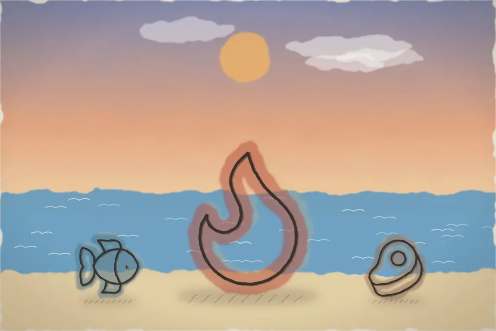 Grătar pe plajă, cu pește proaspăt (ilustrație)